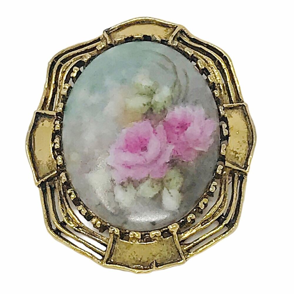 Vintage Hand Crafted Pink Rose Brooch and Pendant Ceramic
